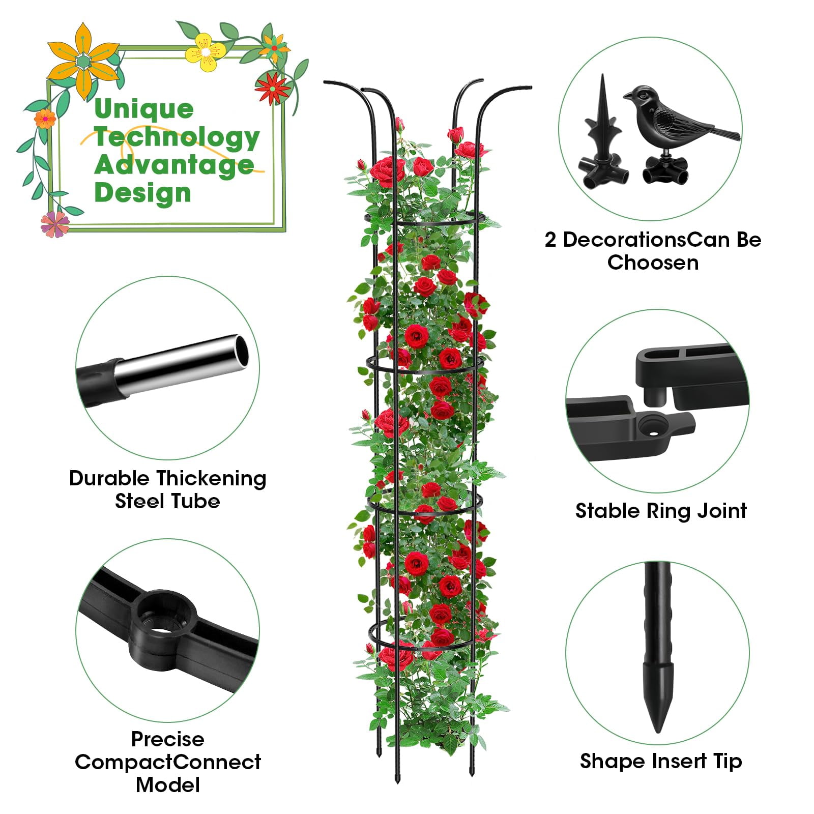 2Pcs Tower Obelisk Garden Trellis for Climbing Plant，73.6inch Rustproof Metal Potted Plant Climbing Support for Indoor Outdoor Flowers Vegetable Fruits Vines Support（2Pcs）