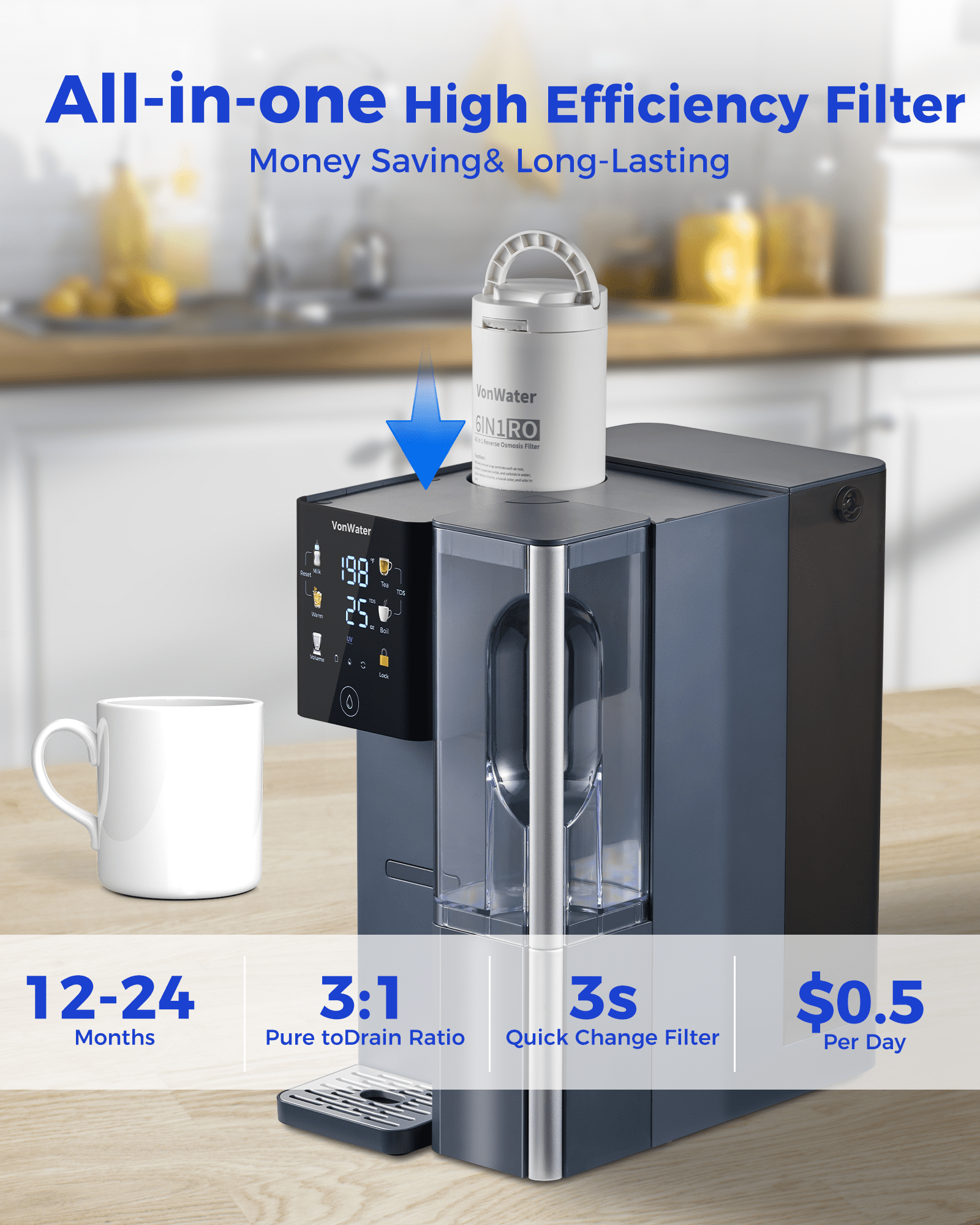 VonWater Instant Hot Reverse Osmosis Water Filter Countertop, 3S Instant Heating, 7-Stage Water Purifier With Removable Pitcher, NSF/ANSI 372, Reduce TDS PFAS, No Installation