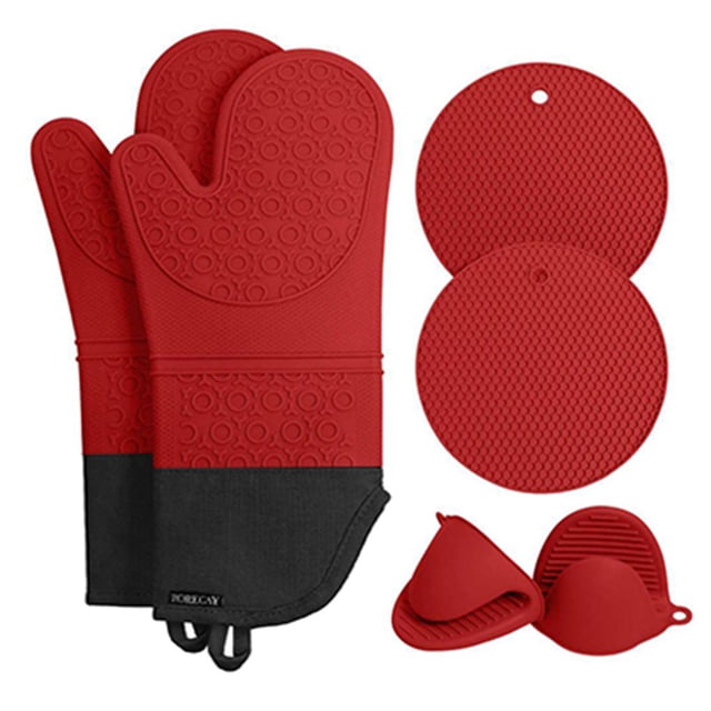 Guantes de microondas Cocina Hornear Cocinar Ollas Titulares Silicona Algodón Aislamiento térmico Tapetes de mesa, Rojo 6 piezas Jumpingount HA005330-02