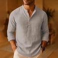 thumbnail image 4 of Mens Cotton Linen Shirt Long Sleeve Button up Henley Tops Pullover Casual Beach Spring Summer Fashion Blouses (XL, Gray), 4 of 5