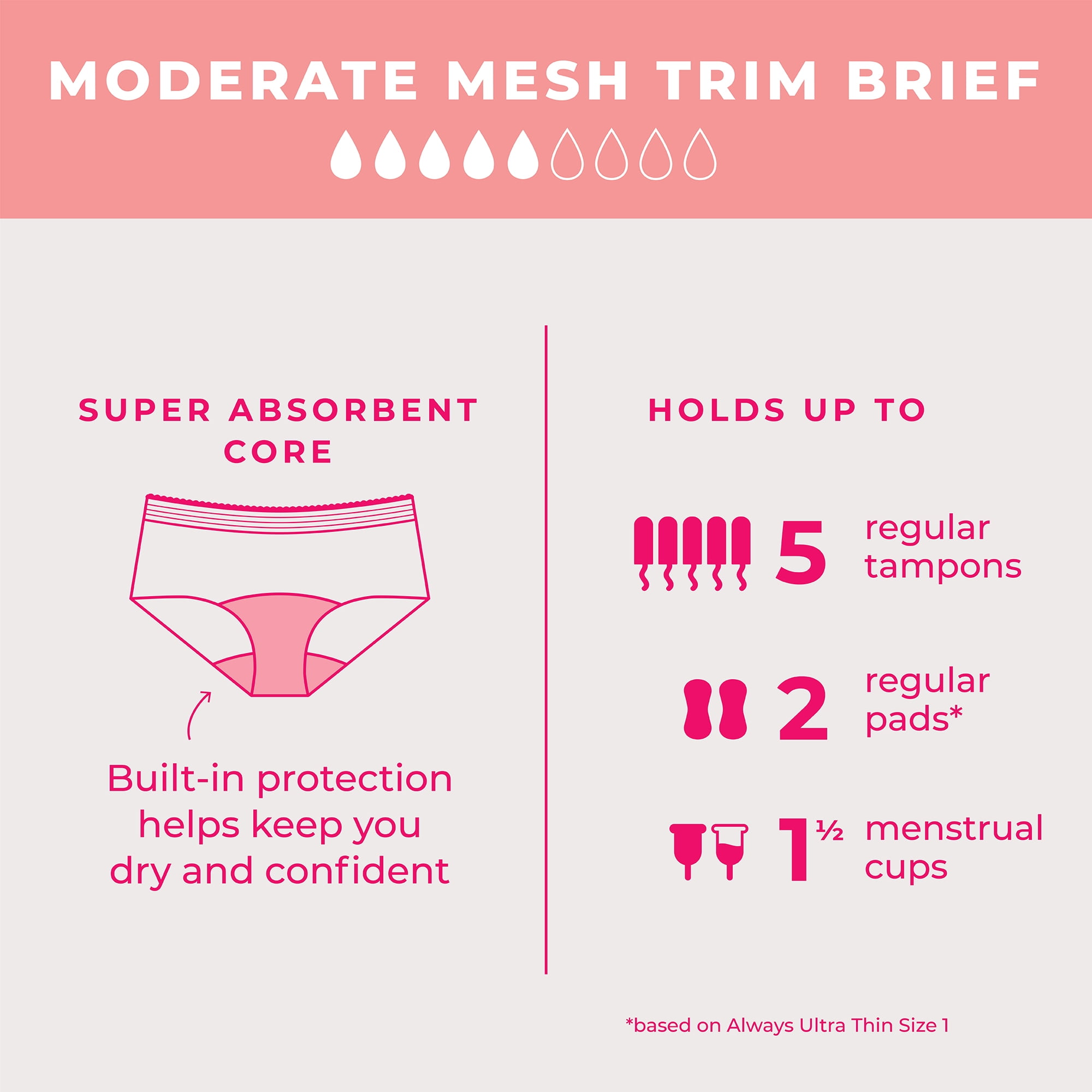 Proof Women's Moderate Absorbency, Brief Mesh Trim Period Underwear, Black, Choose Your Size