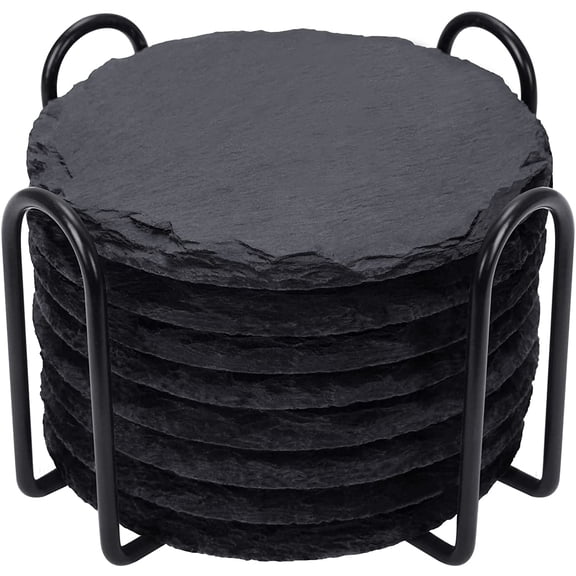 Slate Drink Coasters with Metal Holder, GOH DODD Set of 8 Black Coasters, 4 Inch Stone Coaster Set Coffee Table Decor Tabletop Protection for Home