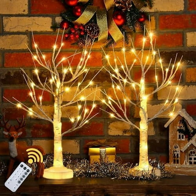 2 Pcs 2ft Lighted Birch Tree Decor with Timer, USB, Battery Powered Artificial Branch Tree with 8 Modes, Remote Control, Tabletop Tree Light for Christmas Decor Indoor(Classic Style) Warm White Warm