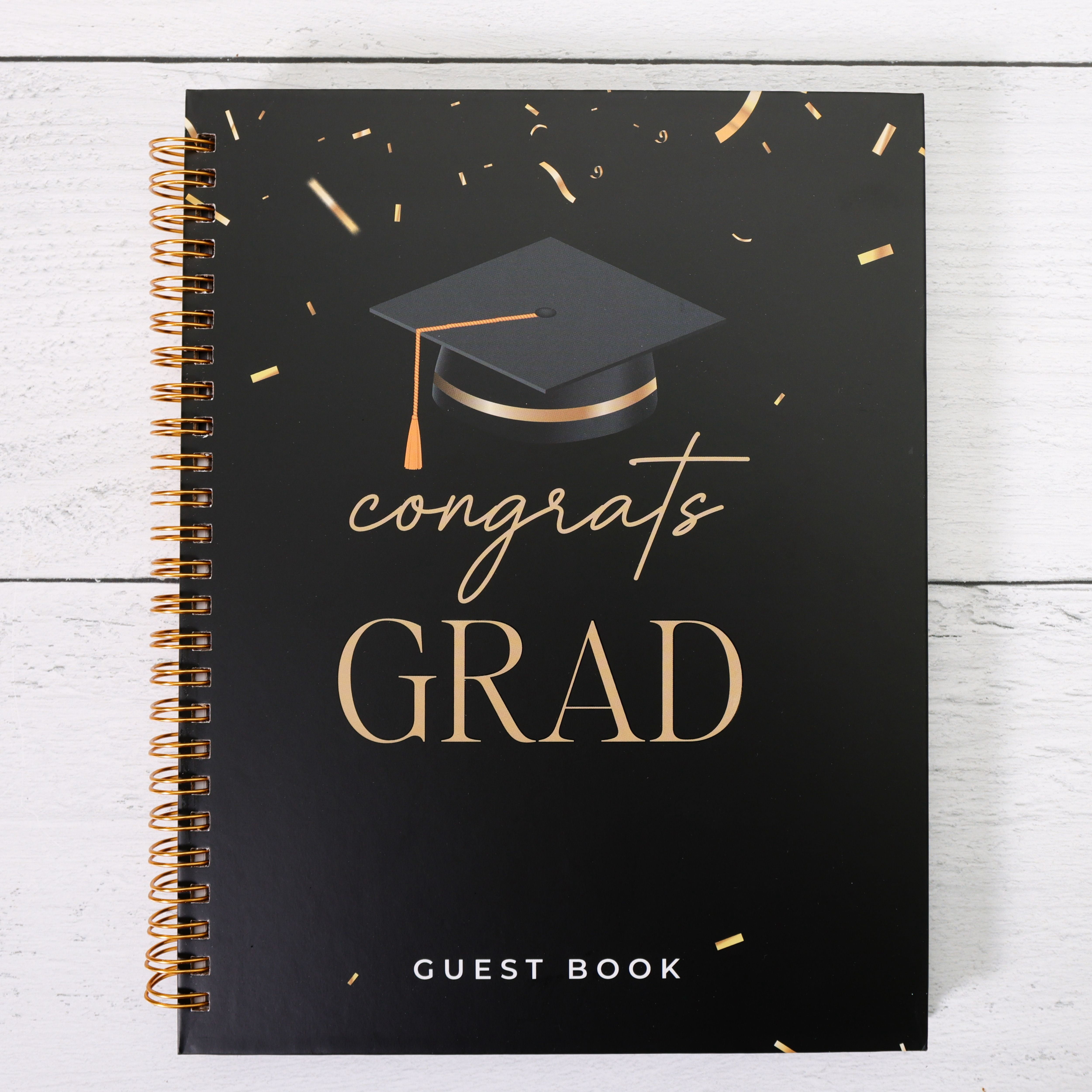 Graduation Guest Book - Black Hardcover - Gold Spiral Binding - 120 Pages - Grad Guestbook