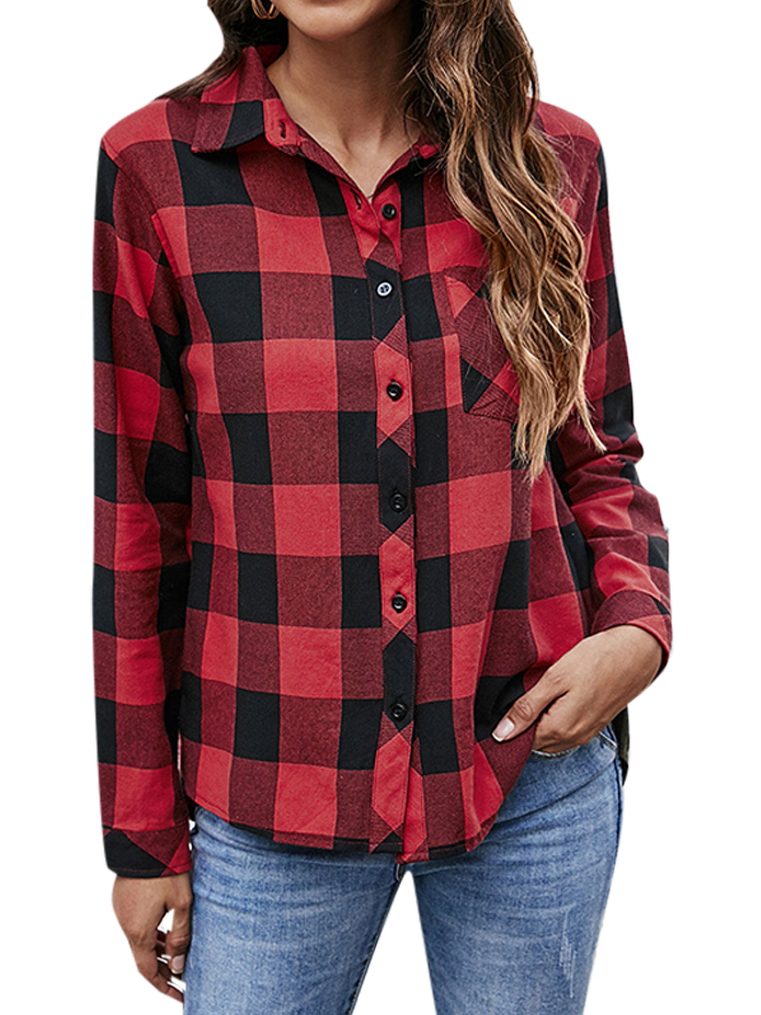 Astylish Womens Casual V Neck Cuffed Sleeves Plaid Shirts Blouses Top
