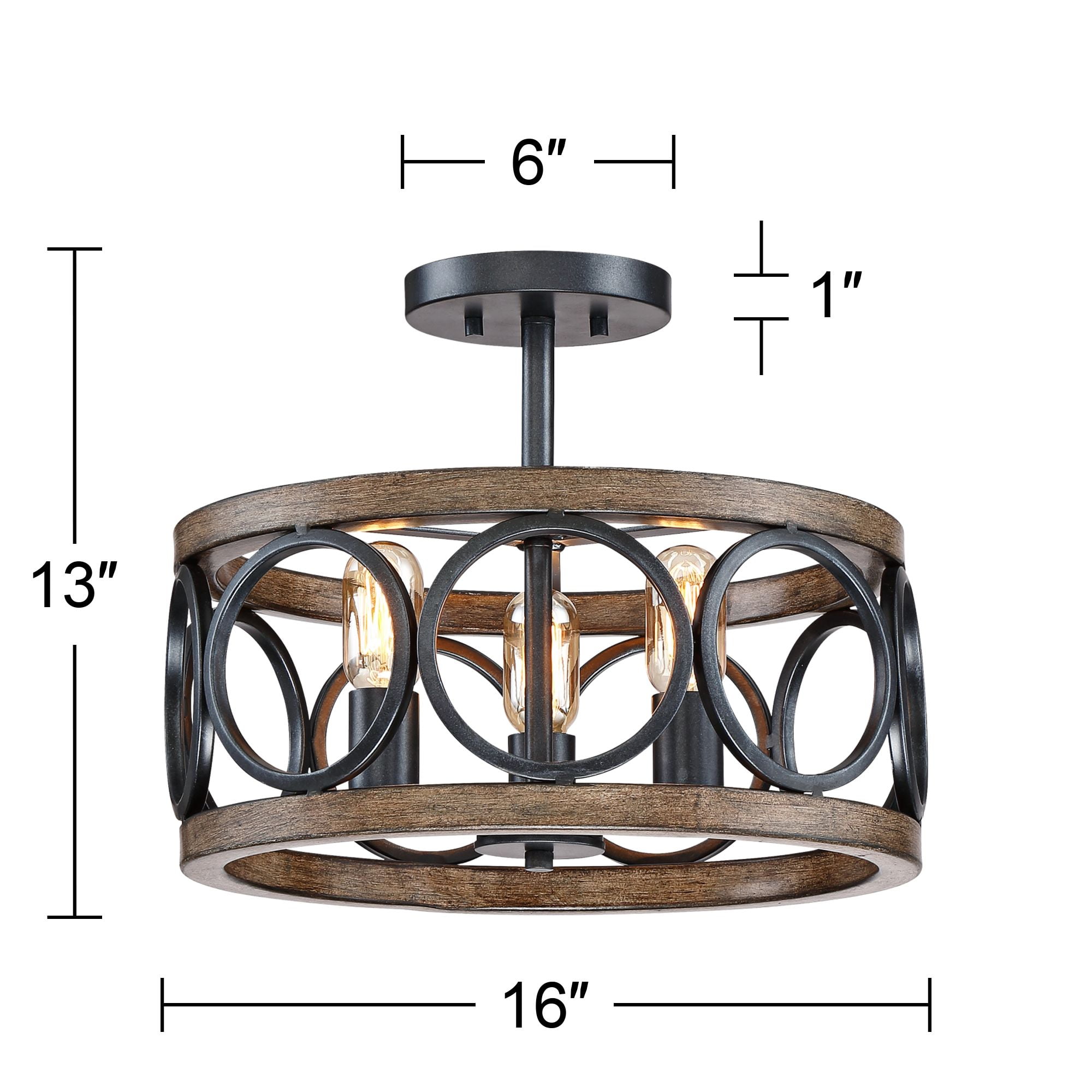 Franklin Iron Works Salima Rustic Farmhouse Ceiling Light Semi Flush Mount 16" Wide Black Faux Wood Grain 3-Light LED for Bedroom Kitchen Living Room