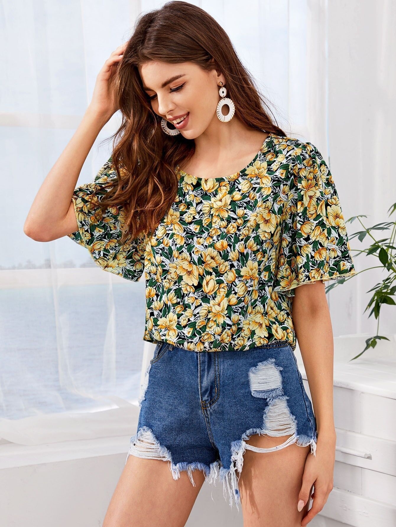 s Floral Print Tops Short Sleeve Tunic 