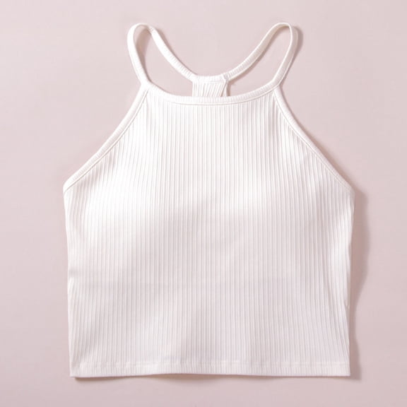 HOMBOM Tank Tops with Built in Bras for Women Cotton Sleeveless Loose Fit White Spring Ladies Halter Top
