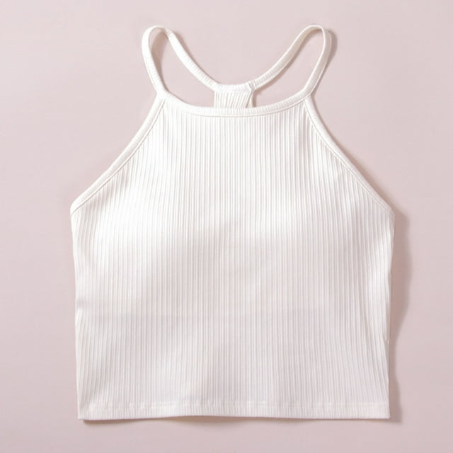 Workout Cropped Tank Tops for Women Built in Bra Seamless Ribbed Knit Racerback Backless Top for Teen Girls White S