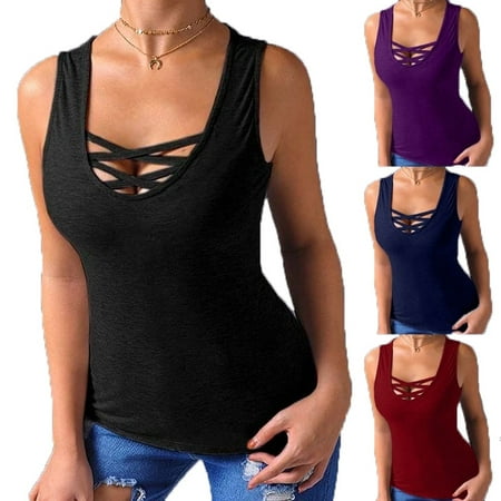 Cotton Lace Shirt Blouse Women New Fashion Summer Sexy Sleeveless Deep U-neck Lace Up T-shirt Casual Cotton Tee Basic Style Top Women Blouse ()