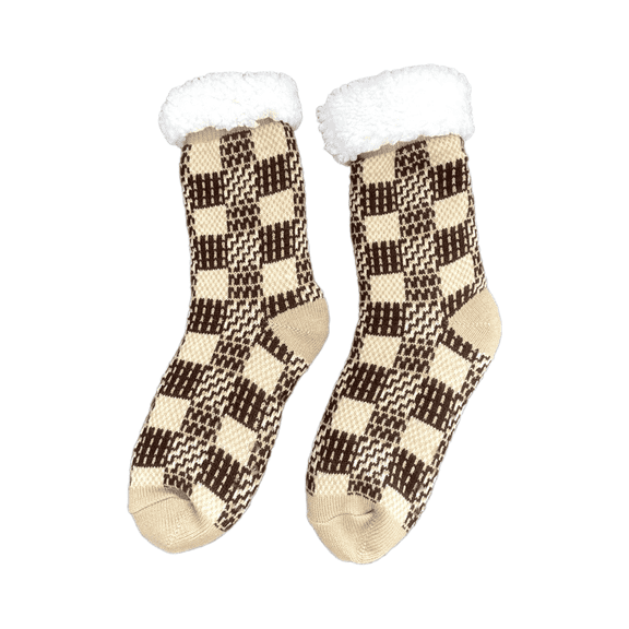 AUQ Socks for Men,Plush Fleece Grip Socks for Extra Warmth,Stylish Cozy Winter Crew Socks for Women,Brown