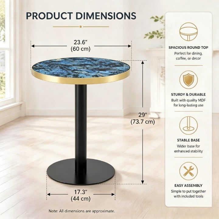 23.6" Round Light Luxury Coffee Table, UV Paint MDF Marble Texture Countertop with Stainless Steel Edging, Sturdy Metal Leg Side Table for Living Room Bedroom Entryway Office