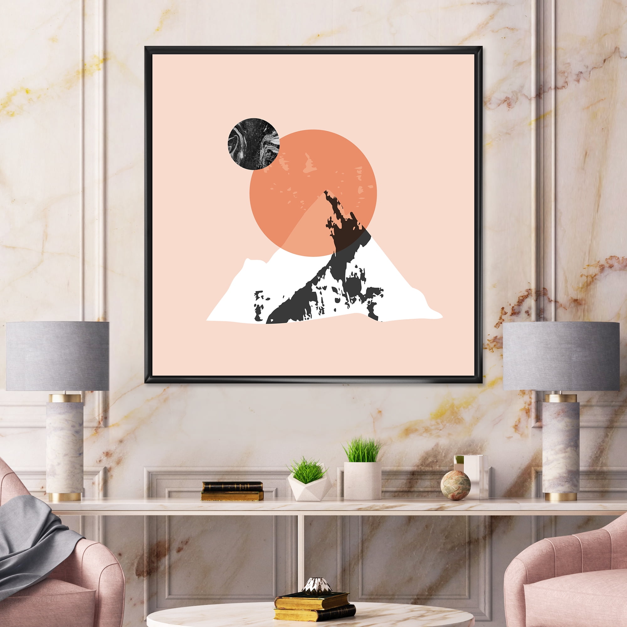 Designart 'Modern Minimalist Mountain Moon and Sun' Modern Framed Canvas Wall Art Print