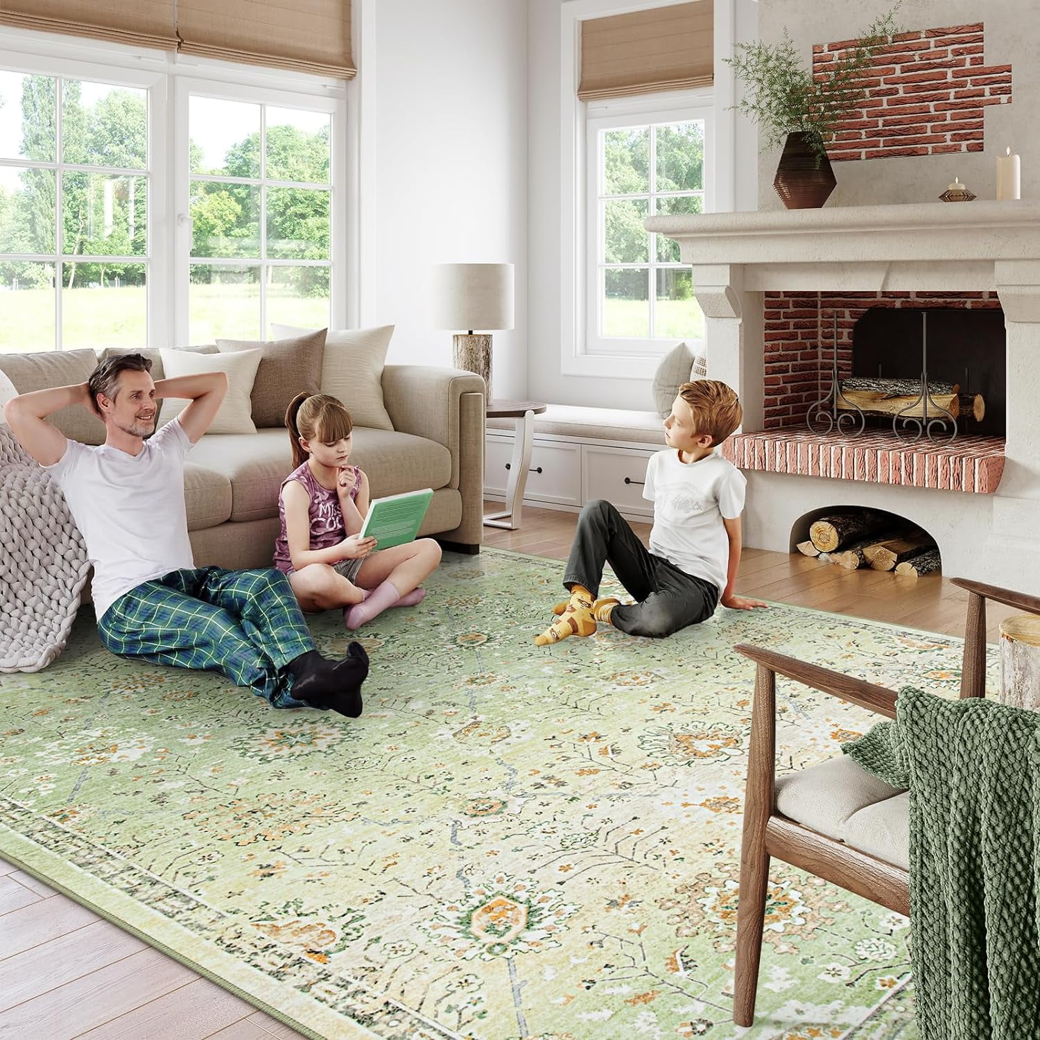 Wonnitar 8'x10' Green Boho Area Rug, 8x10ft Rugs for Bedroom Girls Large Living Room Area Rugs Soft Floral Playroom Rug, Washable Rugs Non Slip Pastel Rug for Bedroom Living Room Carpet