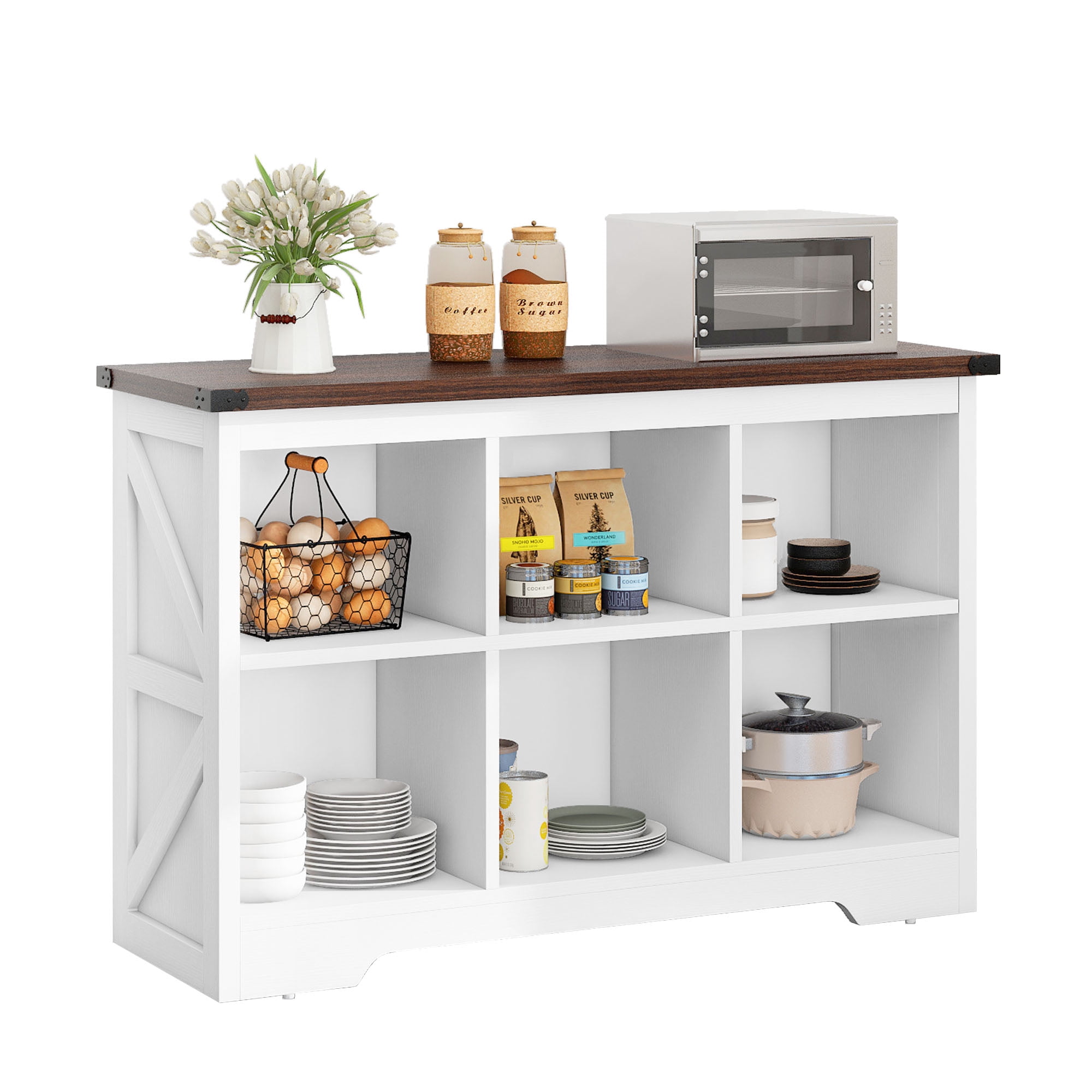 Uforic 6 Cube Organizer Bookcase, Farmhouse Cubby Bookshelf , Horizontal Open Shelf for Living Room, Bedroom, Home Office, White