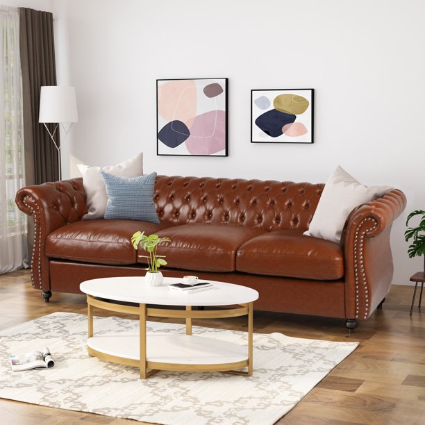 Noble House Aaniya Chesterfield Tufted Sofa with Scroll Arms, Cognac, Dark Brown