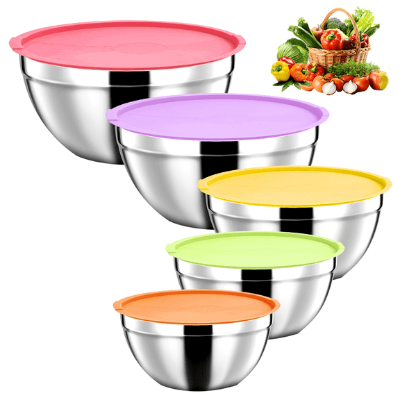 Mixing Bowls with Lids, Stainless Steel Mixing Salad Bowls Set of 5 for Baking Cooking Prepping Serving, Size 1.5/2.5/3/4/4.5QT