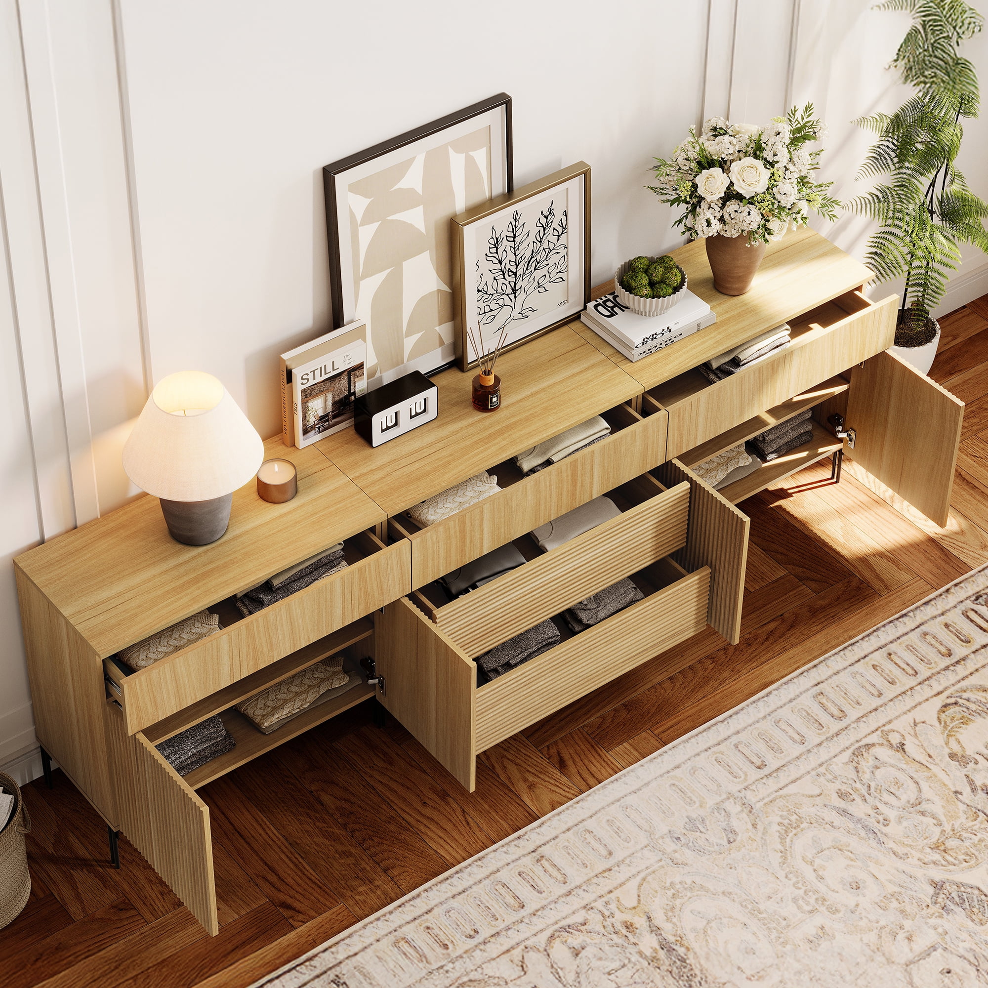 94.5" Modern Reeded 5-Drawer Dresser Set for Bedroom, Minimalist Chest of Drawers with Storage, Wooden Dresser for Living Room, Bedroom, Entryway