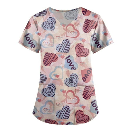 

QAZXD Womens Fashion Tops Hearts V-Neck Short Sleeve Scrub Tops with Two Pockets Pullover Orange L