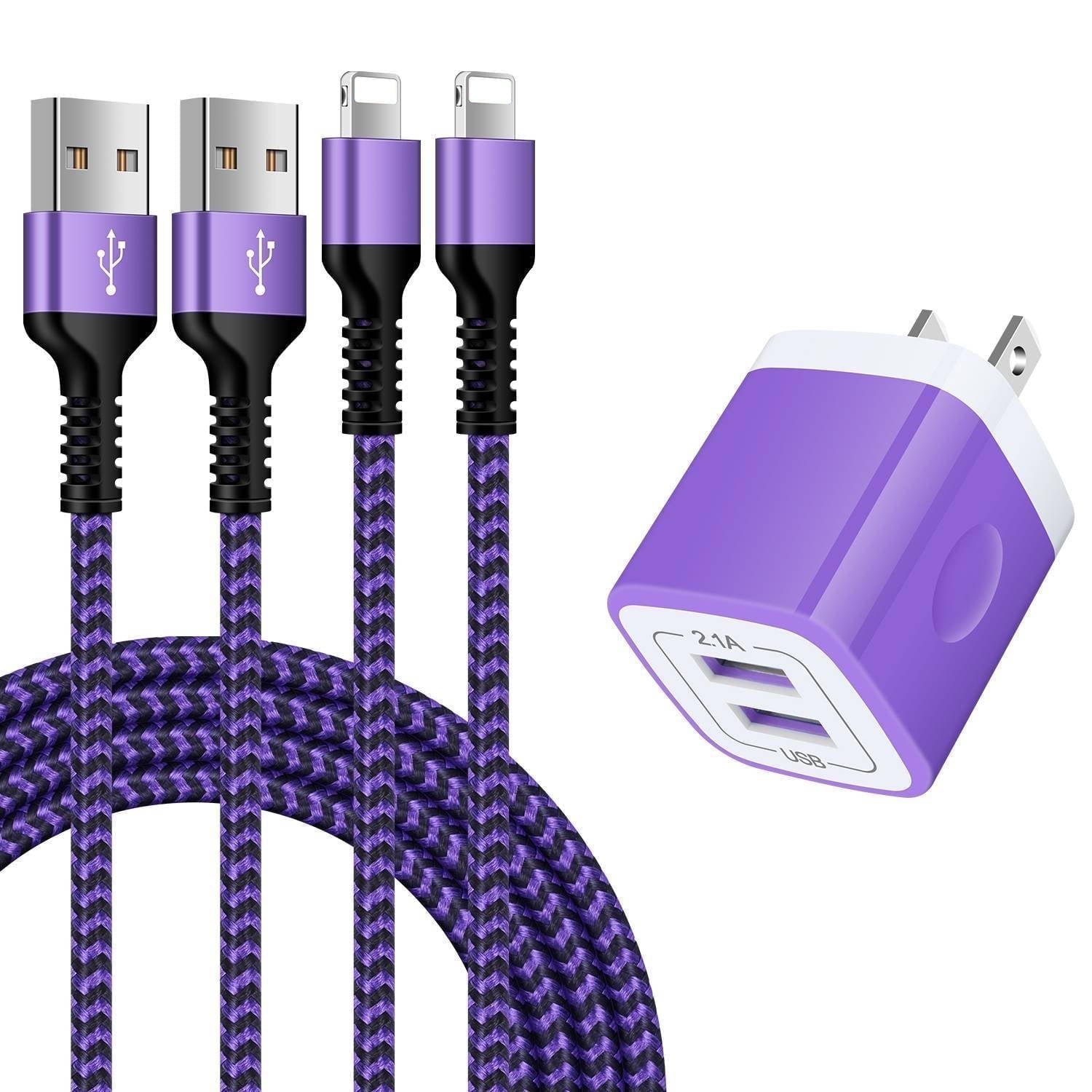 Compatible for iPhone Charger,2 Pack 6FT USB Charging Cable+2 Port Wall Charger Block,Fast Charging Braided Cord with USB Power Adapter Compatible for iPhone 14 13 12 11 Pro Max,iPad,AirPods(Purple)