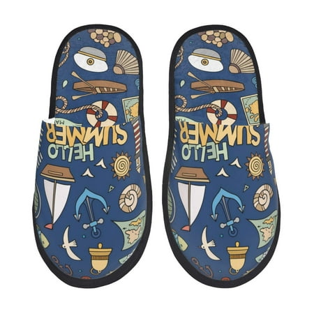 

Noikeo Marine Nautical Pattern Cozy Slippers Indoor for Women and Mens Fuzzy House Shoes Soft Plush Warm Slip-on Slippers-Large
