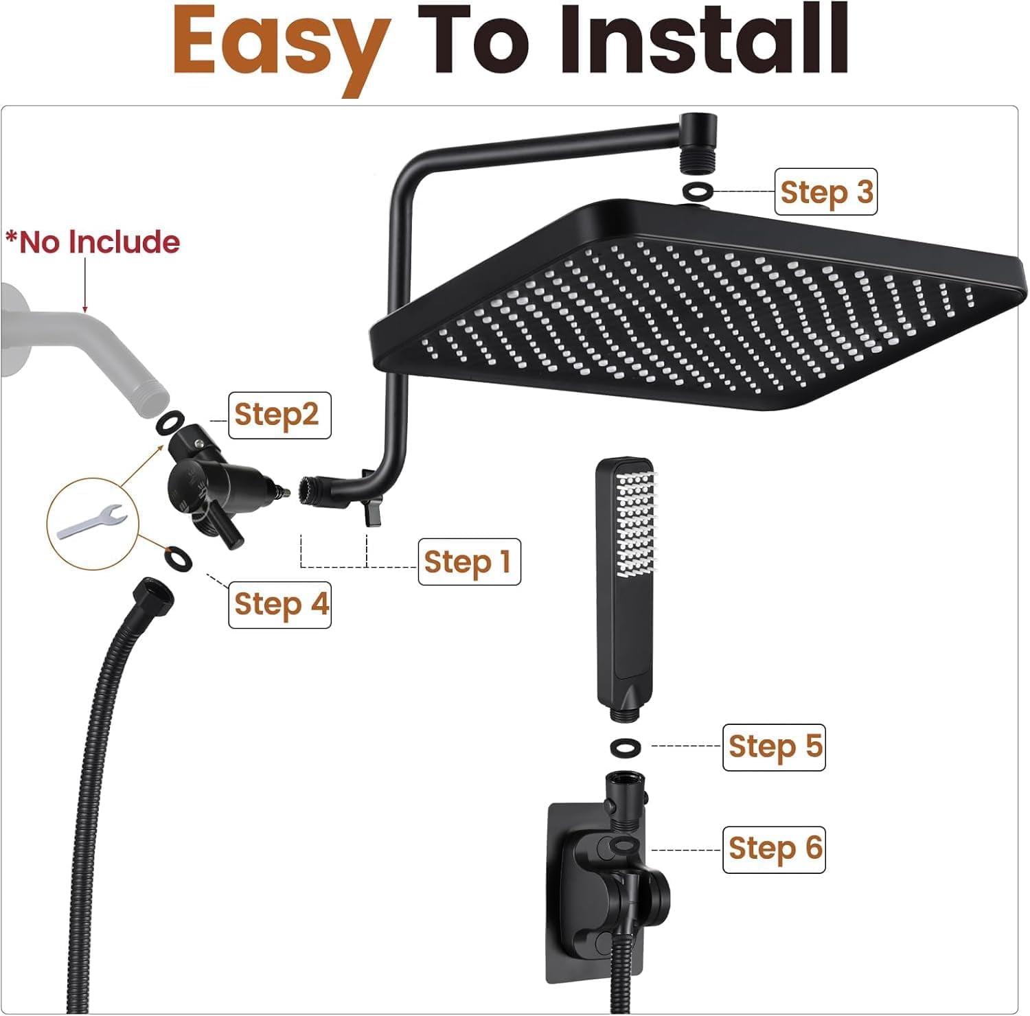 13 Inch High Pressure Rain Shower  with Handheld Spray Combo, Dual Rainfall Shower Heads, Waterfall Tandem Double Showerhead, Adjustable Extension Arm, Massage Handheld Shower - Matte Black