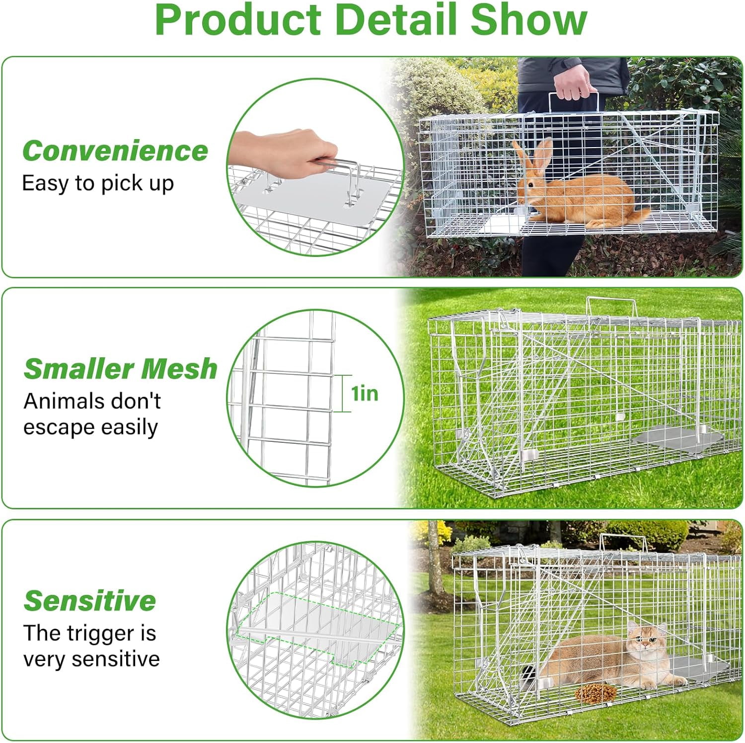 ZephyPaws 32" Live Animal Cage Trap,Humane Cat Trap Galvanized Iron,Heavy Duty Folding Animal Trap with Handle for Rabbits, Stray Cats, Raccoons,Groundhogs and Opossum(31 * 11.4 * 12.5inch)