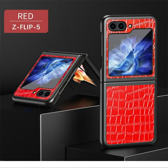 SaniMore for Samsung Galaxy Z Flip 5 (6.7" 2023) Case, PU Leather Crocodile Skin Shockproof PC Backplane, Tough Rugged Anti-drop Slim Lightweight Wear-resistant Durable Flip Cover, Red