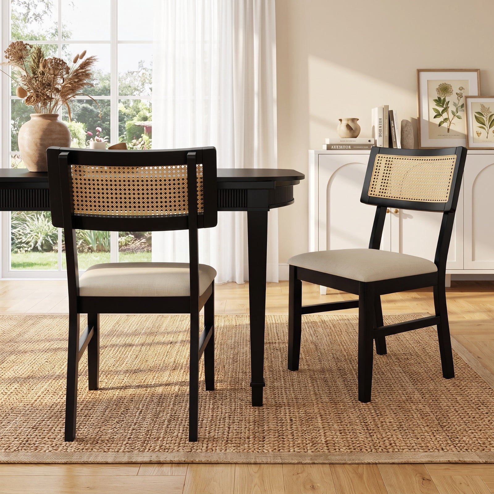 Furnibear Rattan Dining Chairs Set of 2 Fabric Upholstered Kitchen Chairs with Padded Seat and Rubber Wood Legs for Kitchen Dining Room Living, Black
