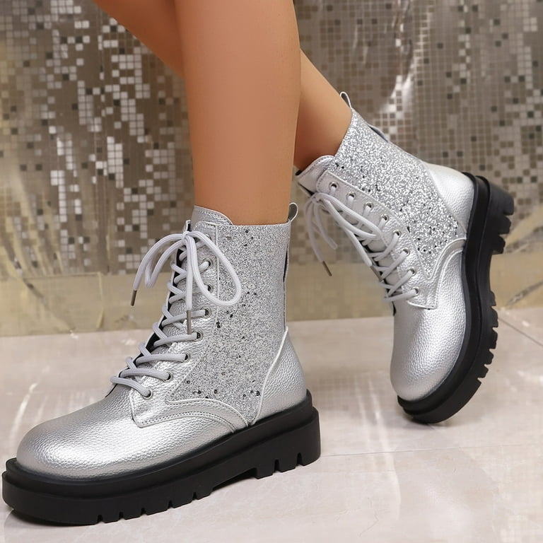 Dakaela Women's Platform Combat Ankle Boots Rhinestone Lace up