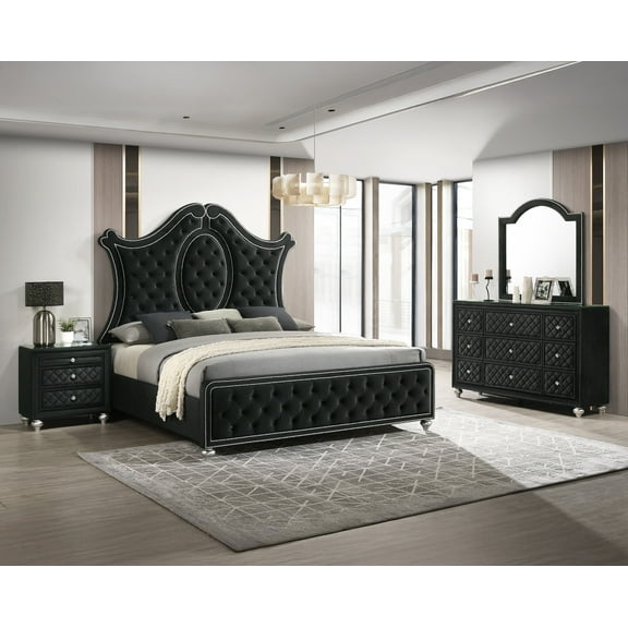 Luxurious 4pc Beautiful King Size Panel Bed Set Tufted Headboard Black