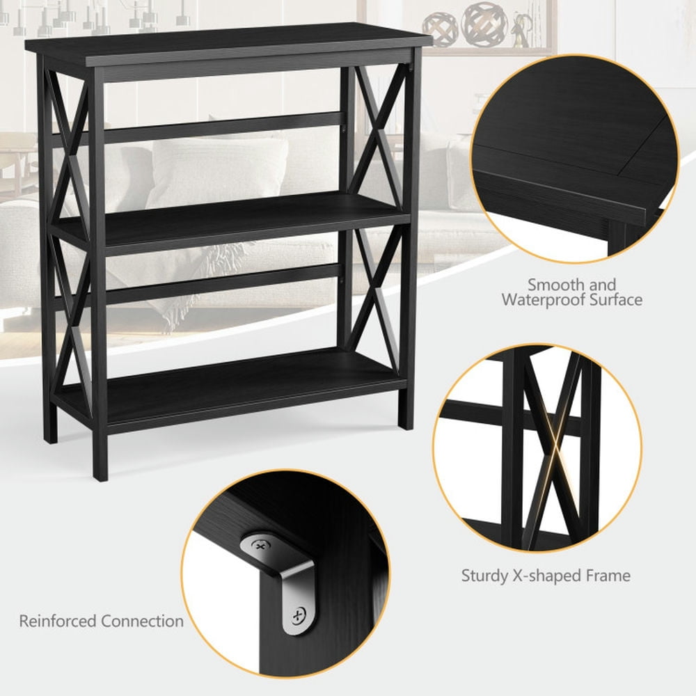 Demi Bonn 3-Tier Wooden Bookshelf, Multi-Functional X-Design Etagere Storage Bookcase, Black