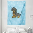 thumbnail image 1 of Dachshund Tapestry, Puppy Cartoon with Happy Expression on Its Face Paw Print Background, Wall Hanging for Bedroom Living Room Dorm Decor, 60W X 80L Inches, Blue Brown Dark Taupe, by Ambesonne, 1 of 2