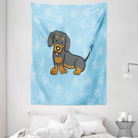 Dachshund Tapestry, Puppy Cartoon with Happy Expression on Its Face Paw Print Background, Wall Hanging for Bedroom Living Room Dorm Decor, 60W X 80L Inches, Blue Brown Dark Taupe, by Ambesonne