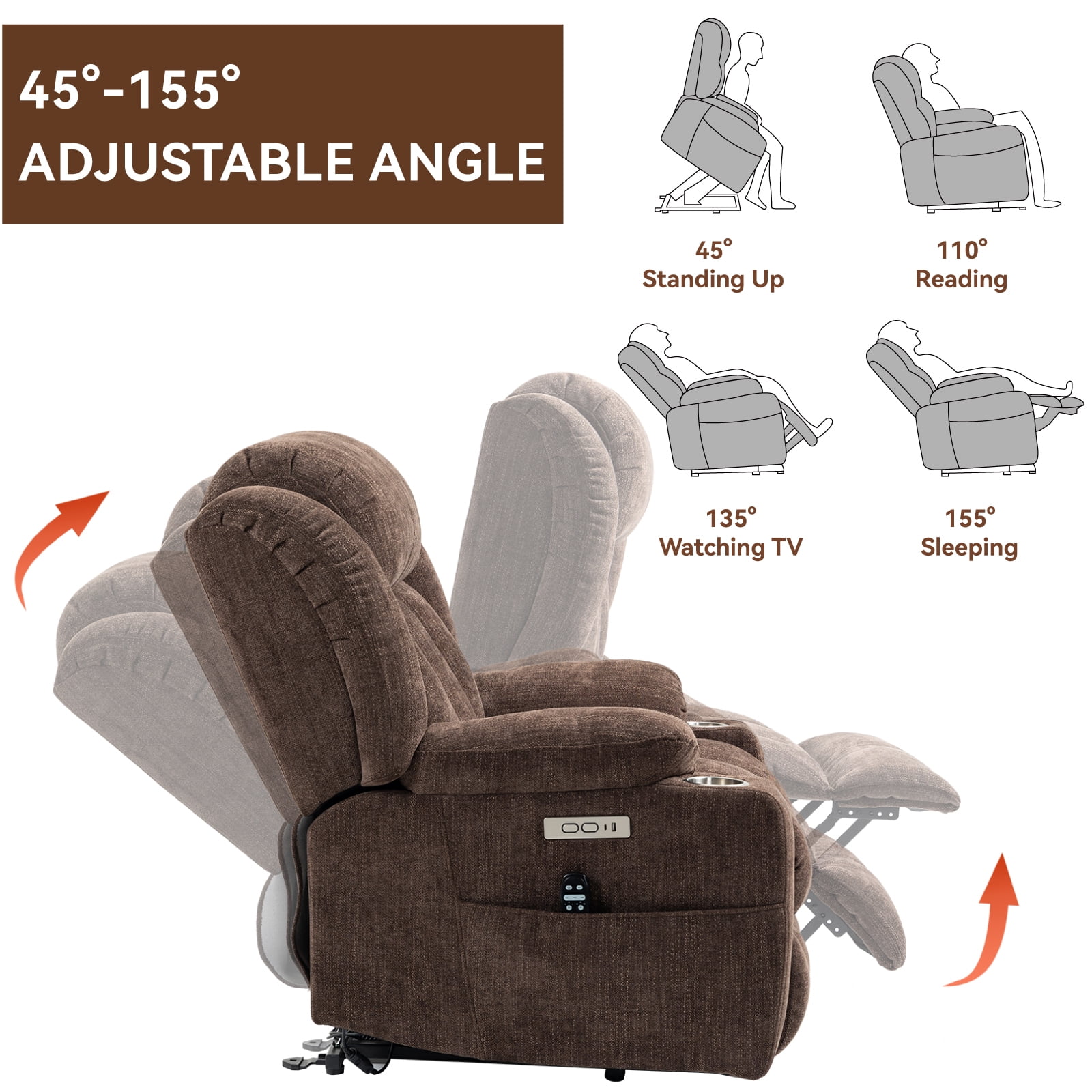 Alvantor Power Lift Recliner Chair for Elderly with Massage and Heat, Chenille Recliners Chair with USB Ports & Cup Holders Brown