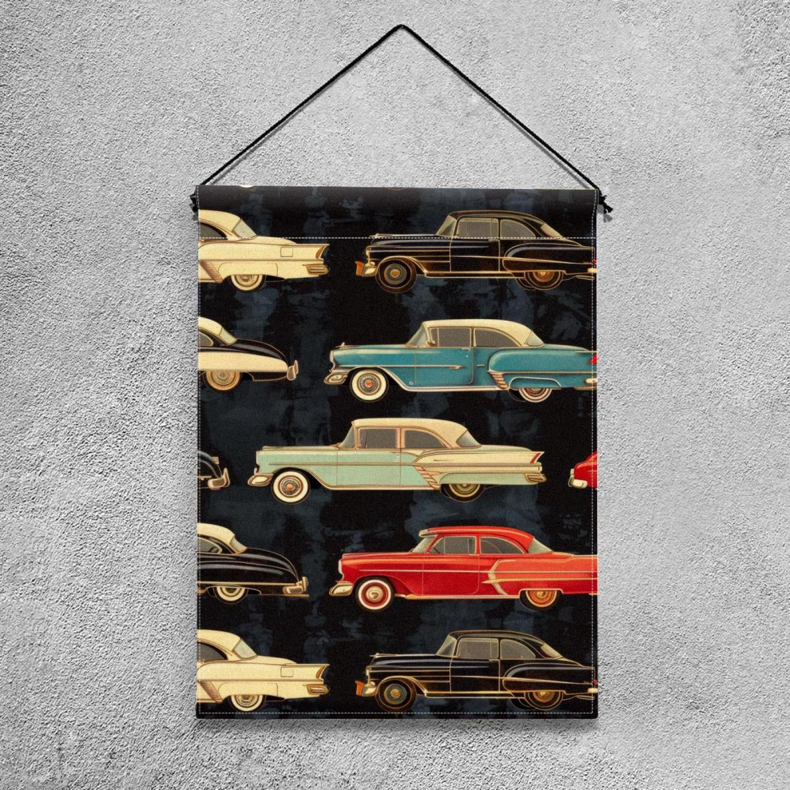 Vintage Cars on Black Background Double Sided Garden Flag Decorative Weather Resistant Yard Flag, Large DIY Vertical Flag for Farmhouse Patio Lawn, 28x40 Inch