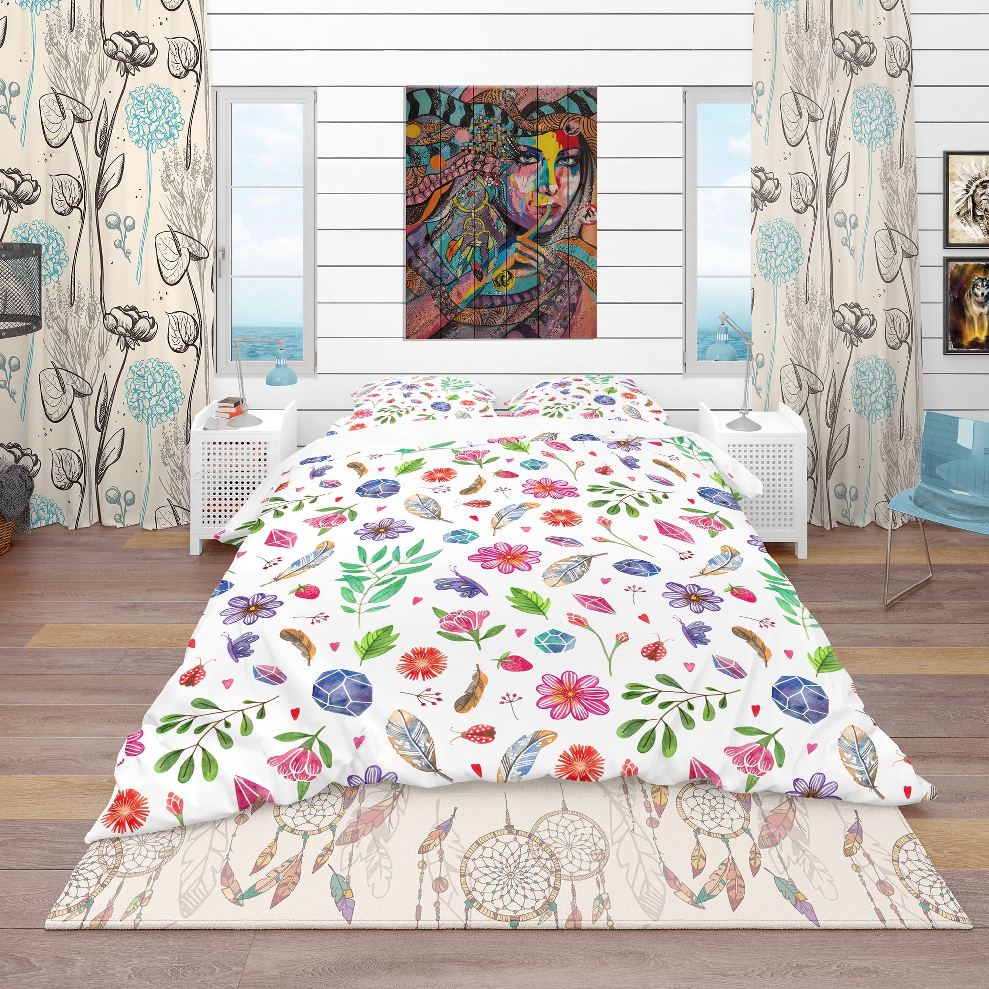Designart 'Herbal, Gemstones, Flowers, Insects & Feathers' Bohemian & Eclectic Duvet Cover Set