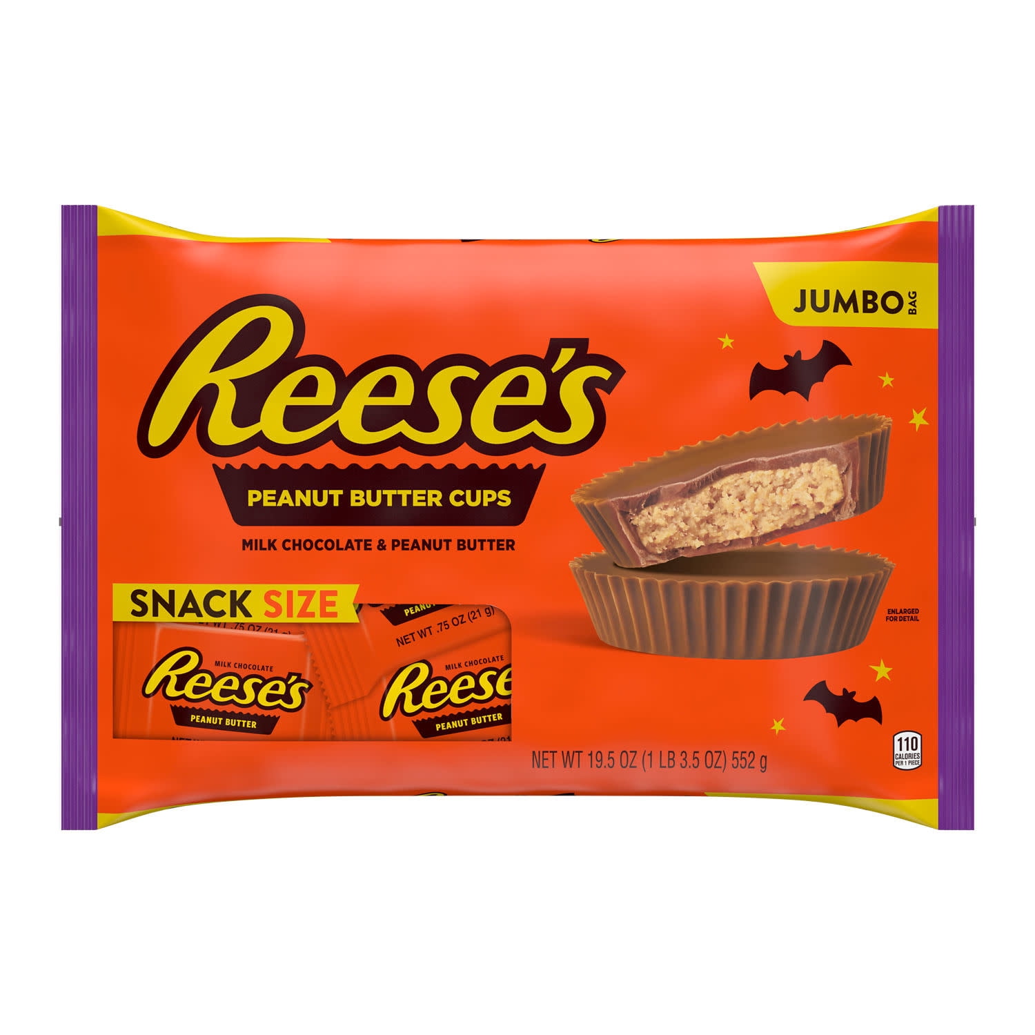 (2 pack) REESE'S Milk Chocolate Snack Size Peanut Butter Cups, Halloween Candy Jumbo Bag, 19.5 oz