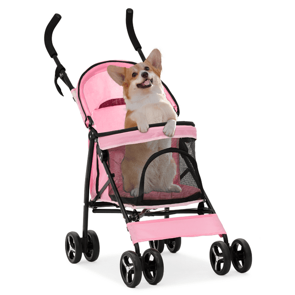 Pink Foldable Dog Stroller Adjustable Canopy Breathable Pet Travel Carrier Cart