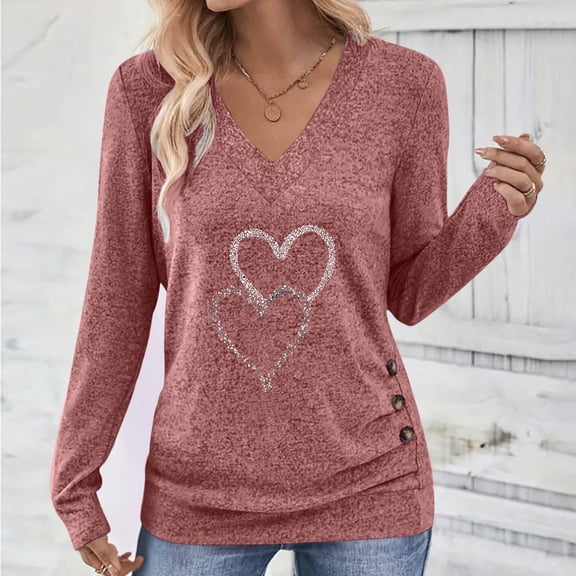 Fznquz Womens Blouse Pink V Neck Graphic Shirts Love Heart Loose Casual Long Sleeve Womens Winter Clothes,XL