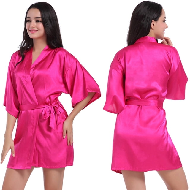 Fjuchai Women's Silk Satin Robes Silky Night-Robe Short Bathrobe Sleepwear Short Robe Solid Color Pjs S-XXL