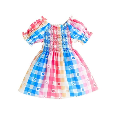 

Little Girls Dress Toddler Child Short Sleeve Square Printed Summer Beach Party Dresses Princess Dress Kids Baby Sweet Sundress Outwear Leisure Dailywear