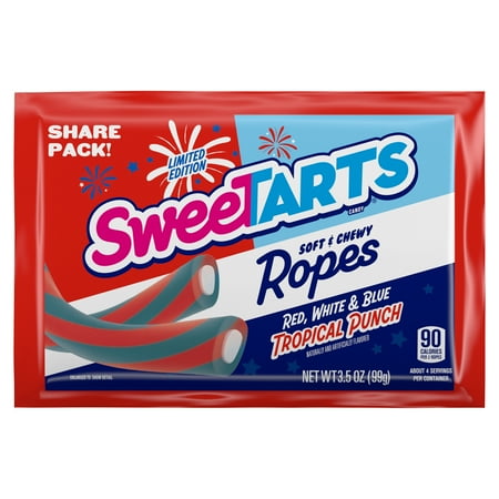 SweeTARTS Ropes Candy, Red White and Blue Tropical Punch, Soft and Chewy, 3.5 oz