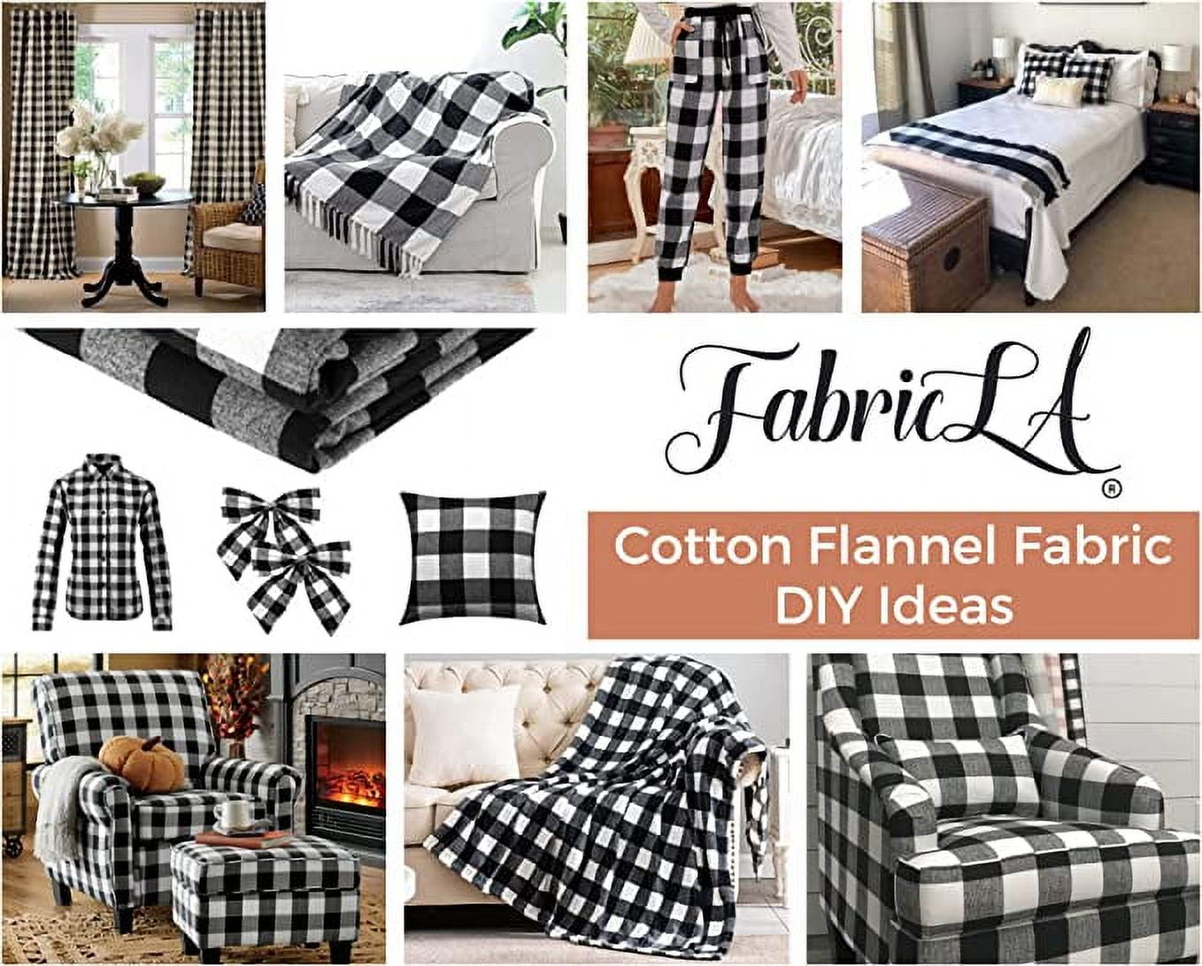 FabricLA Flannel Fabric by The Yard | 60" inches Wide Flannel Fabric | 100% Cotton Flannel Fabric for Baby Blanket, PJ, Shirt, Cloth Flannel Craft Fabric - Black & White Fabric 1 Yard Pre Cut