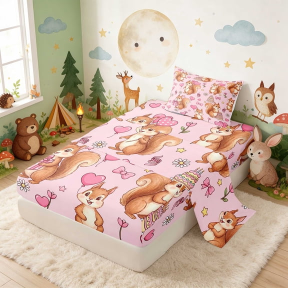 Erosebridal Squirrel Twin Sheets for Girls, Birthday Party Bedding, 3pcs 1 Flat Sheet 1 Fitted Sheet and 1 Pillowcase