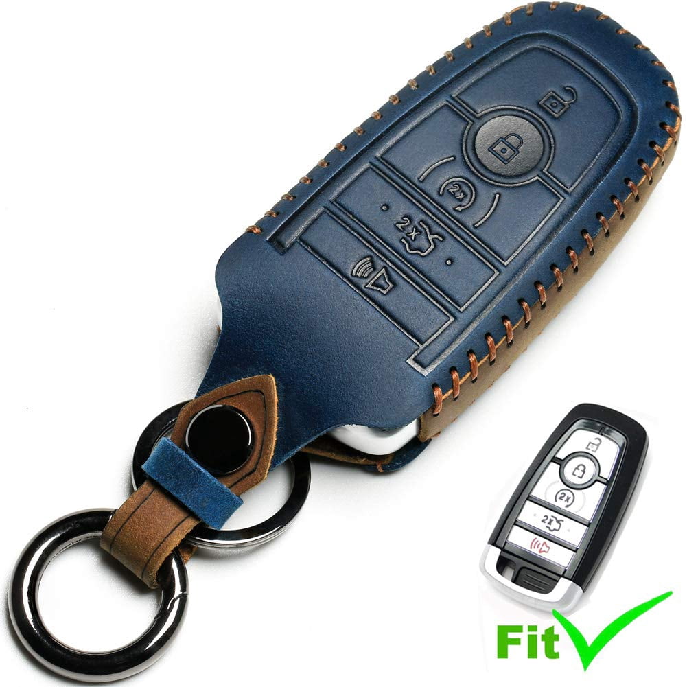 Leather Car Key Fob Cover Fit for Ford F-150 Mustang Remote Keyless Entry Car Smart Key Sleeve 5 Buttons