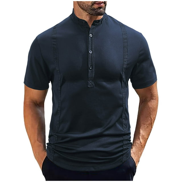Mens Casual Manga Corta Botón Abajo Camisas de Color Sólido Botón de Pie de Cuello Blusa, 95% Poliéster 5% Spandex, Lavado de Manos Casual
