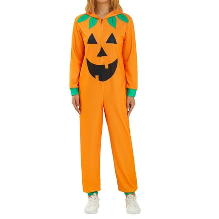 

Amuver Halloween Couple Jumpsuit Pajamas Print Long Sleeve Zip Hooded Romper Sleepwear for Women Men