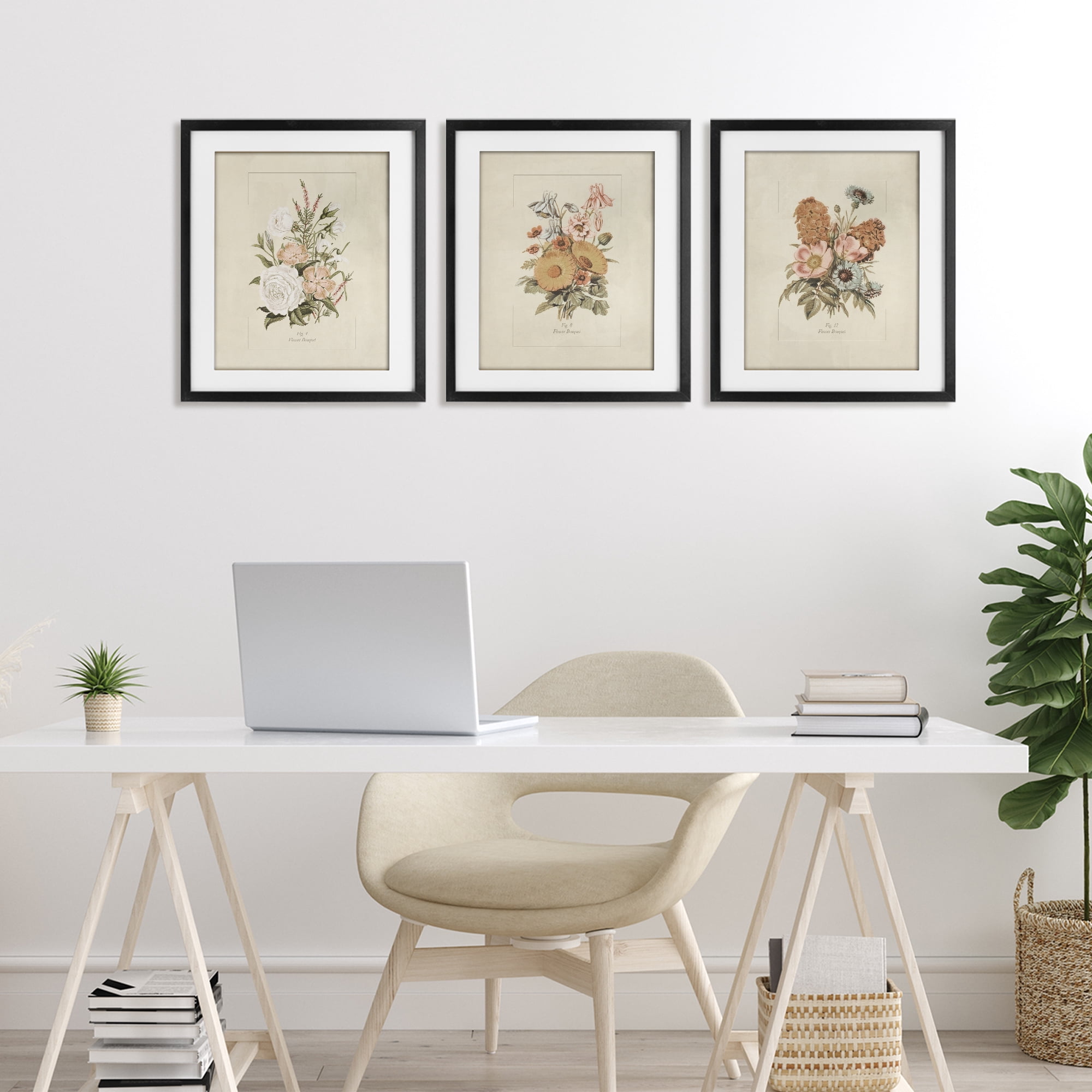 Stupell Industries Neutral Bouquet Studies 3 Piece Black Framed Print Under Glass Set, design by Dan Meneely