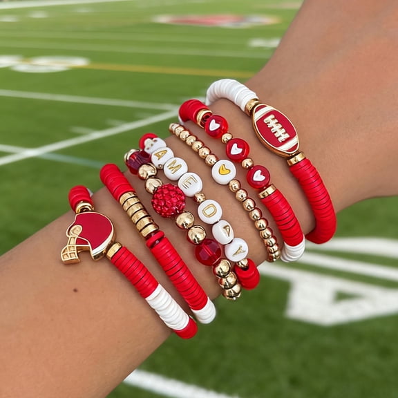 NICKSUN Game Day Bracelets for Women - Red, Black, Blue Heishi Clay Beaded Stretch Bracelets - Stackable Sports Charm Bracelet Bangles - Football Mom Accessories & Outfits Jewelry Gifts